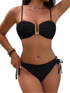 Black Ruched Bandeau Bikini with Gold U Accent - Women Swim